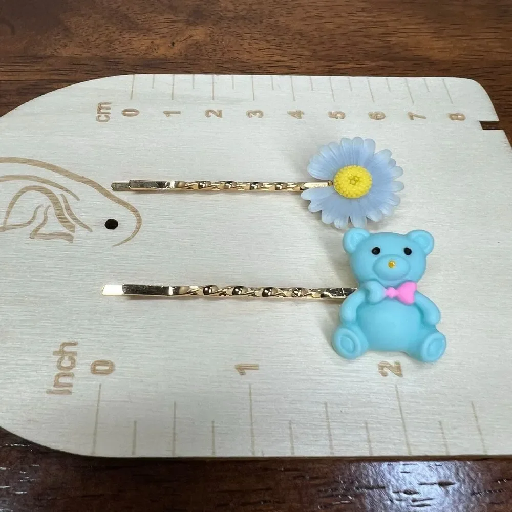 Hair pins fashion bear flower ribbon hair pin 4PC set Blue anime LA Comic Con
